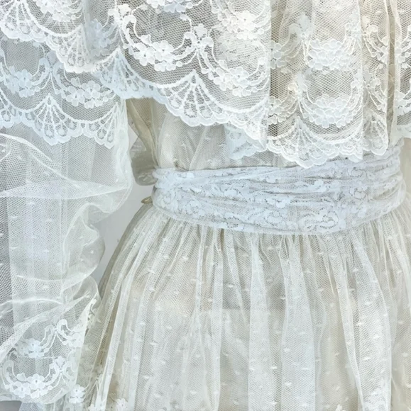 VINTAGE 70s wedding dress prairie bridal‎ gown flouncy ruffle lace long sleeve - Picture 7 of 16